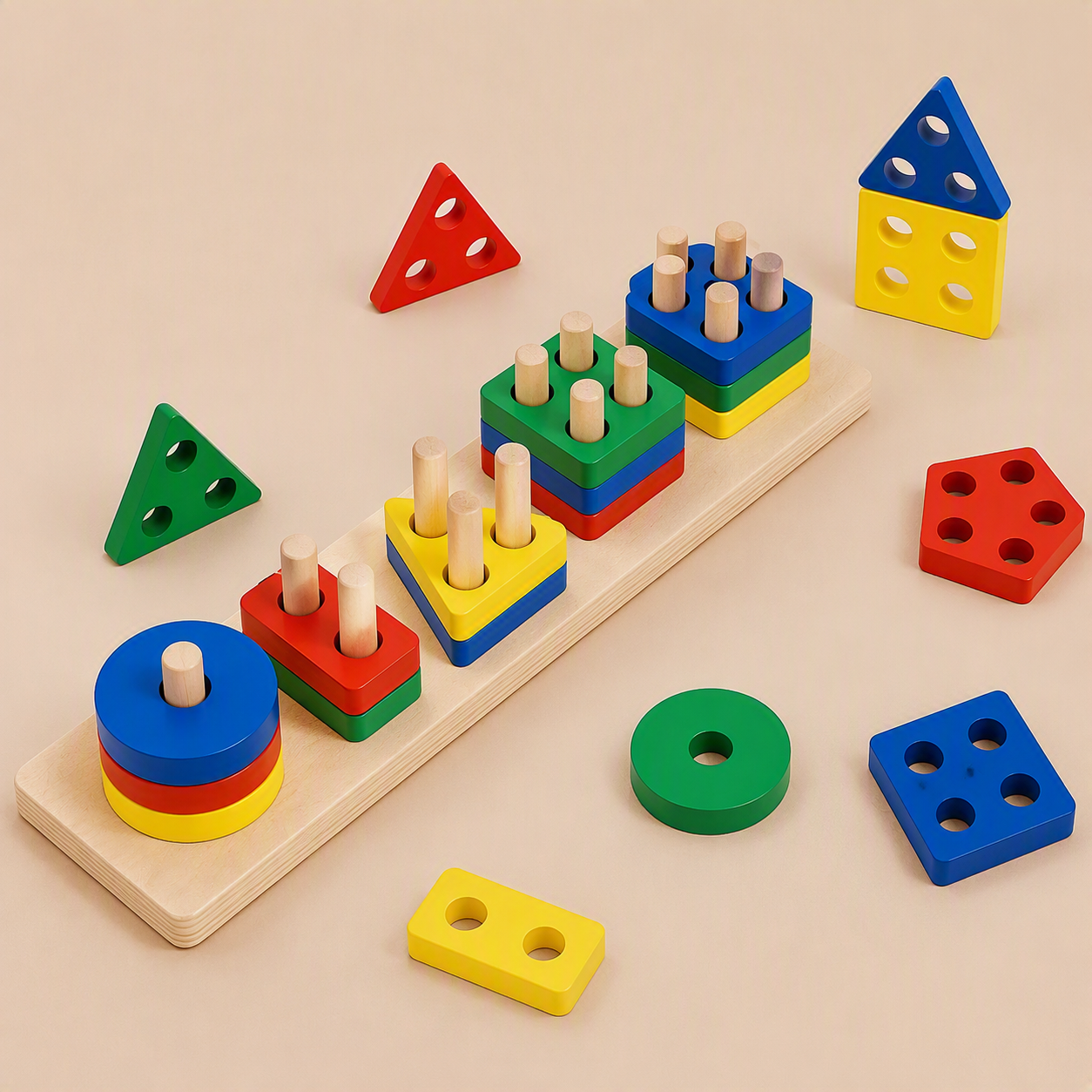 木のおもちゃ 5本柱の図形&カラー知育スタッカー - 画像 (3)