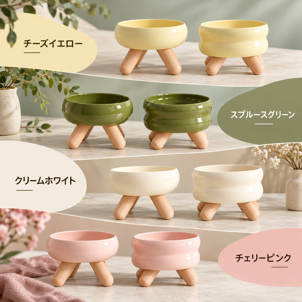 天然木スタンド付き人間工学設計セラミックペットボウル - 画像 (5)
